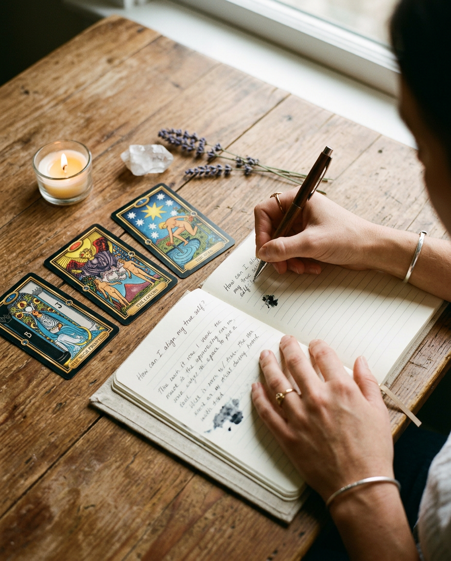 Illustration of hands writing a question in a notebook beside three tarot cards laid out on a wooden table